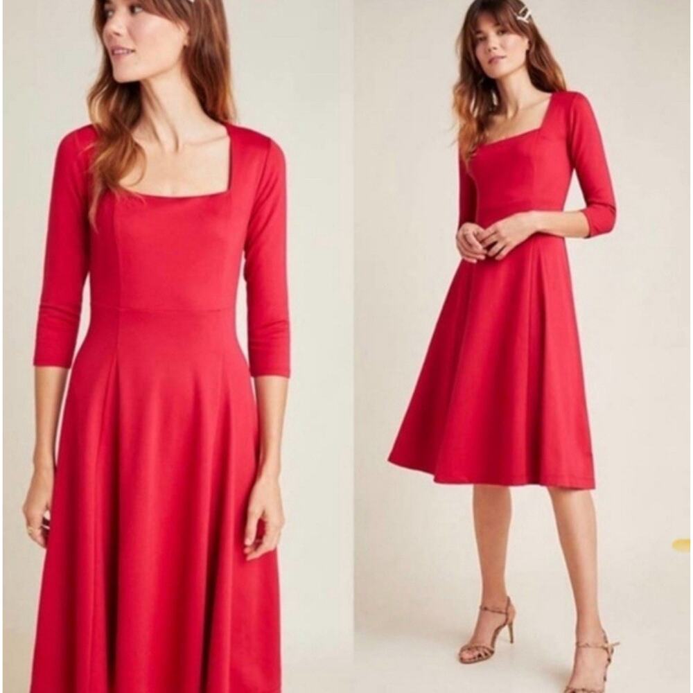 Anthropologie Red Long Sleeve Dress Feminine Fit Versatile Midi/Above‑Knee Large
